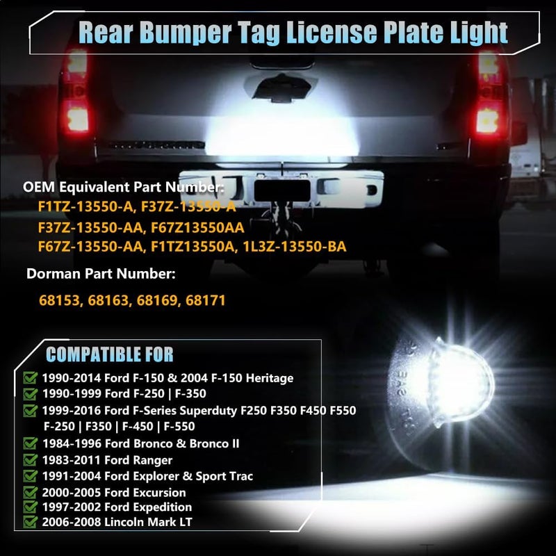 VANKUB LED License Plate Light for Fo-rd F150 F250 F350 F450 F550 Superduty Bronco Excursion Ranger Expedition Explorer Pickup Truck, Chrome Housing Led Rear Tag Lamp, 6000K White Lights, 2 PCS - Image 3